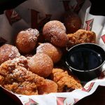 Chicken and Donuts: Tyson popcorn chicken, donut holes and powdered sugar with a side of maple syrup — $11