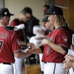 Arizona Diamondbacks starting pitcher Zack Greinke (21) shakes hands with manager Torey Lovullo as the two speak in the dugout after Greinke got out of a bases-loaded second inning by striking out the final two Cleveland Indians batters in the second inning of a spring training baseball game Thursday, March 7, 2019, in Scottsdale, Ariz. (AP Photo/Elaine Thompson)