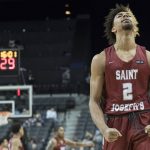 Saint Joseph's forward Charlie Brown Jr. reacts during the second half of an NCAA college basketball game against Davidson in the Atlantic 10 Conference tournament, Friday, March 15, 2019, in New York. Davidson won 70-60. (AP Photo/Mary Altaffer)
