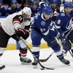 Arizona Coyotes center Brad Richardson (15) knocks the puck away from Tampa Bay Lightning center Brayden Point (21) during the second period of an NHL hockey game Monday, March 18, 2019, in Tampa, Fla. (AP Photo/Jason Behnken)
