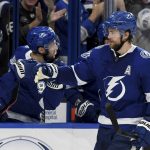 Tampa Bay Lightning defenseman Victor Hedman (77) celebrates after his goal during the third period of an NHL hockey game against the Arizona Coyotes, Monday, March 18, 2019, in Tampa, Fla. (AP Photo/Jason Behnken)