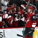 Arizona Coyotes left wing Lawson Crouse (67) celebrates his goal against the Anaheim Ducks with teammates on the bench during the first period of an NHL hockey game Tuesday, March 5, 2019, in Glendale, Ariz. (AP Photo/Ross D. Franklin)