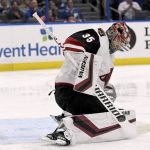 Arizona Coyotes goaltender Darcy Kuemper (35) makes a save during the second period of an NHL hockey game against the Tampa Bay Lightning Monday, March 18, 2019, in Tampa, Fla. (AP Photo/Jason Behnken)