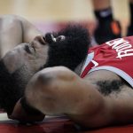 Houston Rockets' James Harden reacts after being fouled while shooting during the second half of an NBA basketball game against the Phoenix Suns Friday, March 15, 2019, in Houston. The Rockets won 108-102. (AP Photo/David J. Phillip)