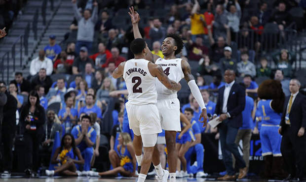 Arizona State's Rob Edwards, left, and Kimani Lawrence celebrate after Lawrence scored a 3-point sh...