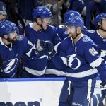 Tampa Bay Lightning right wing Nikita Kucherov (86) congratulates center Steven Stamkos (91) on his first-period goal during an NHL hockey game against the Arizona Coyotes, Monday, March 18, 2019, in Tampa, Fla. (AP Photo/Jason Behnken)