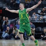 Oregon's Payton Pritchard celebrates after making a 3-point shot against Arizona State during the first half of an NCAA college basketball game in the semifinals of the Pac-12 men's tournament Friday, March 15, 2019, in Las Vegas. (AP Photo/John Locher)