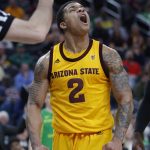 Arizona State's Rob Edwards celebrates after a play against Oregon during the first half of an NCAA college basketball game in the semifinals of the Pac-12 men's tournament Friday, March 15, 2019, in Las Vegas. (AP Photo/John Locher)
