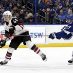 Arizona Coyotes right wing Josh Archibald (45) shoots as he gets past Tampa Bay Lightning defenseman Ryan McDonagh (27) during the first period of an NHL hockey game Monday, March 18, 2019, in Tampa, Fla. (AP Photo/Jason Behnken)