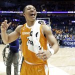 Tennessee forward Grant Williams celebrates after Tennessee beat Kentucky 82-78 in an NCAA college basketball game at the Southeastern Conference tournament Saturday, March 16, 2019, in Nashville, Tenn. (AP Photo/Mark Humphrey)