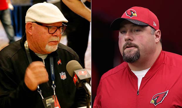 Tampa Bay head coach Bruce Arians (AP photo), left, and former Cardinals DC and current Giants DC J...