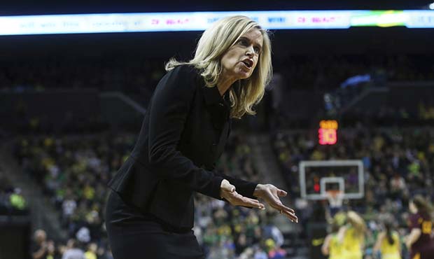 Arizona State coach Charli Turner questions a call during the first half of the team's NCAA college...