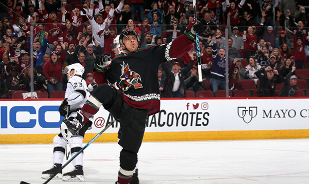 Michael Grabner #40 of the Arizona Coyotes celebrates after scoring a short-handed goal against the...