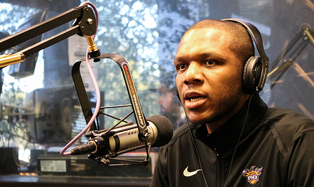 Phoenix Suns GM James Jones sits during an interview with The Doug & Wolf Show on 98.7 FM Arizo...