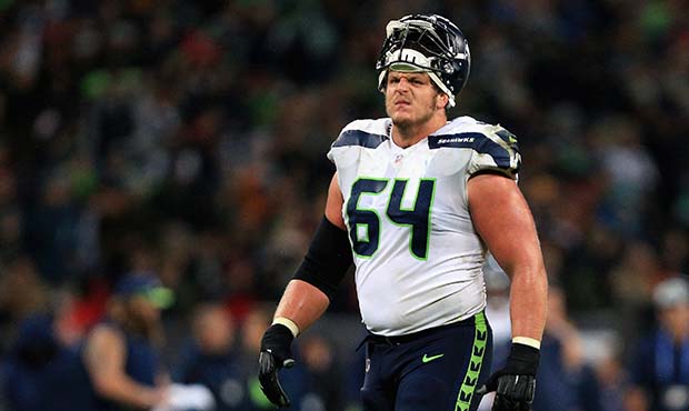 J.R. Sweezy of Seattle Seahawks reacts during the NFL International series match between Seattle Se...