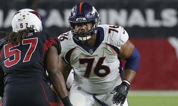 In this Oct. 18, 2018, file photo, Denver Broncos offensive guard Max Garcia works against the Ariz...