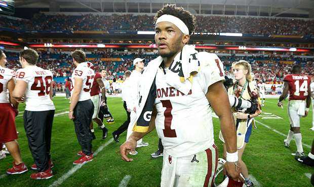 Kyler Murray #1 of the Oklahoma Sooners reacts after losing to the Alabama Crimson Tide in the Coll...
