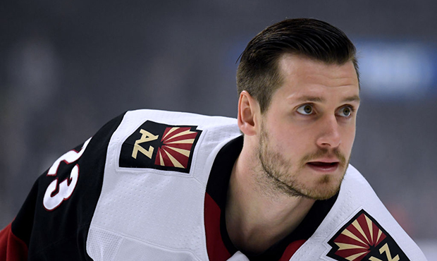 Oliver Ekman-Larsson #23 of the Arizona Coyotes warms up before the game against the Los Angeles Ki...
