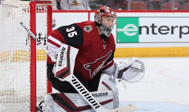 Goaltender Darcy Kuemper #35 of the Arizona Coyotes in action during the second period of the NHL g...