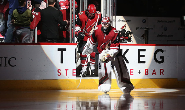 Goaltender Darcy Kuemper #35 of the Arizona Coyotes skates onto the ice during the third period of ...