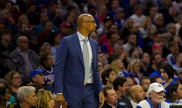 Assistant coach Monty Williams of the Philadelphia 76ers looks on against the Brooklyn Nets in Game...
