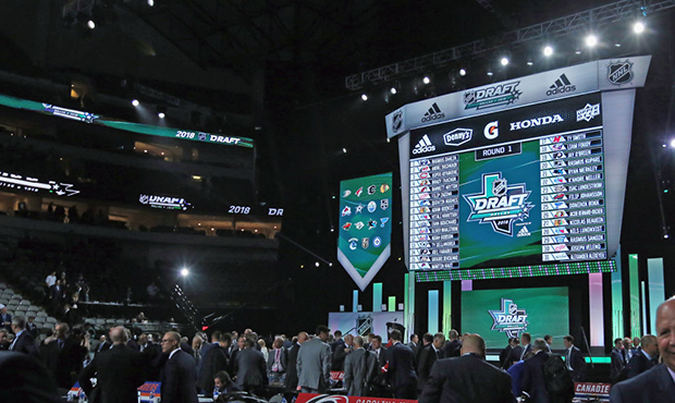 A general view of the selection board during the first round of the 2018 NHL Draft at American Airl...