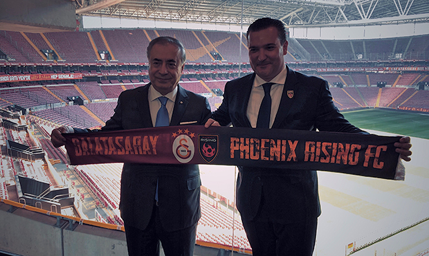 Galatasaray SK Chairman Mustafa Cengiz (left) alongside Phoenix Rising FC governor Berke Bakay (rig...