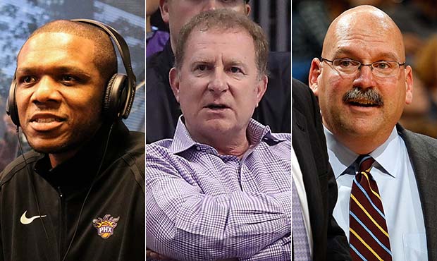 From left to right: Phoenix Suns GM James Jones, owner  Robert Sarver and senior VP of basketball o...
