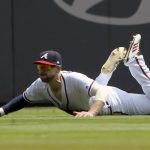 Atlanta Braves centerfielder Ender Inciarte makes a diving catch against the Arizona Diamondbacks during the sixth inning of a baseball game Thursday, April 18, 2019, in Atlanta. (AP Photo/Tami Chappell)