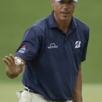 Matt Kuchar waves after putting on the 10th hole during the second round for the Masters golf tournament Friday, April 12, 2019, in Augusta, Ga. (AP Photo/Chris Carlson)