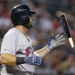 Boston Red Sox Mitch Moreland reacts after striking out against the Arizona Diamondbacks in the fourth inning during a baseball game, Sunday, April 7, 2019, in Phoenix. (AP Photo/Rick Scuteri)