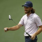 Tommy Fleetwood, of England, reacts on the second hole during the second round for the Masters golf tournament Friday, April 12, 2019, in Augusta, Ga. (AP Photo/Matt Slocum)