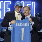 Iowa tight end T.J. Hockenson poses with NFL Commissioner Roger Goodell after the Detroit Lions selected Hockenson in the first round at the NFL football draft, Thursday, April 25, 2019, in Nashville, Tenn. (AP Photo/Steve Helber)