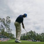 Matt Kuchar hits on the 14th tee during the second round for the Masters golf tournament Friday, April 12, 2019, in Augusta, Ga. (AP Photo/David J. Phillip)