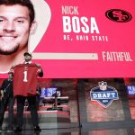 Ohio State defensive end Nick Bosa shows off his new jersey after the San Francisco 49ers selected Bosa in the first round at the NFL football draft, Thursday, April 25, 2019, in Nashville, Tenn. (AP Photo/Mark Humphrey)