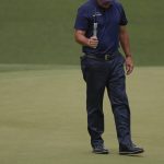 Phil Mickelson reacts after missing a putt on the 10th hole during the second round for the Masters golf tournament Friday, April 12, 2019, in Augusta, Ga. (AP Photo/Chris Carlson)