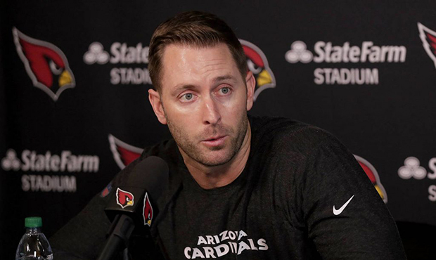 Arizona Cardinals head coach Kliff Kingsbury discusses the upcoming NFL football draft during a new...