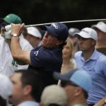 Phil Mickelson hits a drive on the ninth hole during the second round for the Masters golf tournament Friday, April 12, 2019, in Augusta, Ga. (AP Photo/Charlie Riedel)