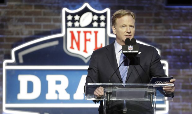 NFL Commissioner Roger Goodell speaks ahead of the first round at the NFL football draft, Thursday,...