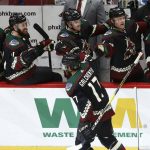 Arizona Coyotes center Alex Galchenyuk (17) celebrates his goal against the Winnipeg Jets during the first period of an NHL hockey game Saturday, April 6, 2019, in Glendale, Ariz. (AP Photo/Ross D. Franklin)