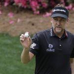 Ian Poulter, of England, reacts on the 13th hole during the second round for the Masters golf tournament Friday, April 12, 2019, in Augusta, Ga. (AP Photo/David J. Phillip)