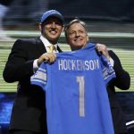 Iowa tight end T.J. Hockenson poses with NFL Commissioner Roger Goodell after the Detroit Lions selected Hockenson in the first round at the NFL football draft, Thursday, April 25, 2019, in Nashville, Tenn. (AP Photo/Mark Humphrey)