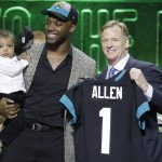 Kentucky linebacker Josh Allen poses with NFL Commissioner Roger Goodell after the Jacksonville Jaguars selected Allen in the first round at the NFL football draft, Thursday, April 25, 2019, in Nashville, Tenn. (AP Photo/Steve Helber)