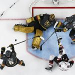 Vegas Golden Knights goaltender Marc-Andre Fleury (29) makes a save against the Arizona Coyotes during the second period of an NHL hockey game Thursday, April 4, 2019, in Las Vegas. (AP Photo/John Locher)