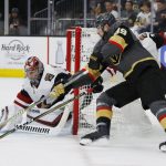Vegas Golden Knights right wing Alex Tuch (89) attempts a shot on Arizona Coyotes goaltender Darcy Kuemper during the second period of an NHL hockey game Thursday, April 4, 2019, in Las Vegas. (AP Photo/John Locher)