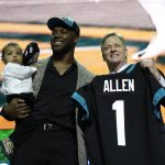 Kentucky linebacker Josh Allen poses with NFL Commissioner Roger Goodell after the Jacksonville Jaguars selected Allen in the first round at the NFL football draft, Thursday, April 25, 2019, in Nashville, Tenn. (AP Photo/Mark Humphrey)