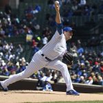 Chicago Cubs starting pitcher Kyle Hendricks (28) throws against the Arizona Diamondbacks during the first inning of a baseball game, Friday, April 19, 2019, in Chicago. (AP Photo/David Banks)