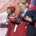 Oklahoma quarterback Kyler Murray poses with NFL Commissioner Roger Goodell after the Arizona Cardinals selected Murray in the first round at the NFL football draft, Thursday, April 25, 2019, in Nashville, Tenn. (AP Photo/Mark Humphrey)