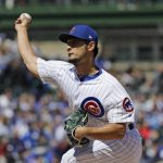 Chicago Cubs starting pitcher Yu Darvish, of Japan, throws against the Arizona Diamondbacks during the first inning of a baseball game Saturday, April 20, 2019, in Chicago. (AP Photo/Nam Y. Huh)