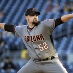 Arizona Diamondbacks starting pitcher Zack Godley delivers during the first inning of a baseball game against the Pittsburgh Pirates in Pittsburgh, Monday, April 22, 2019. (AP Photo/Gene J. Puskar)